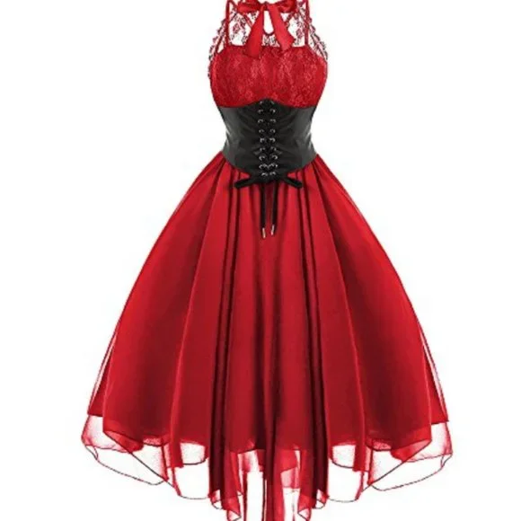 CharMma Women's Gothic Bow Neck Cross Back Sleeveless Floral Lace Corset Dress - Picture 4 of 4